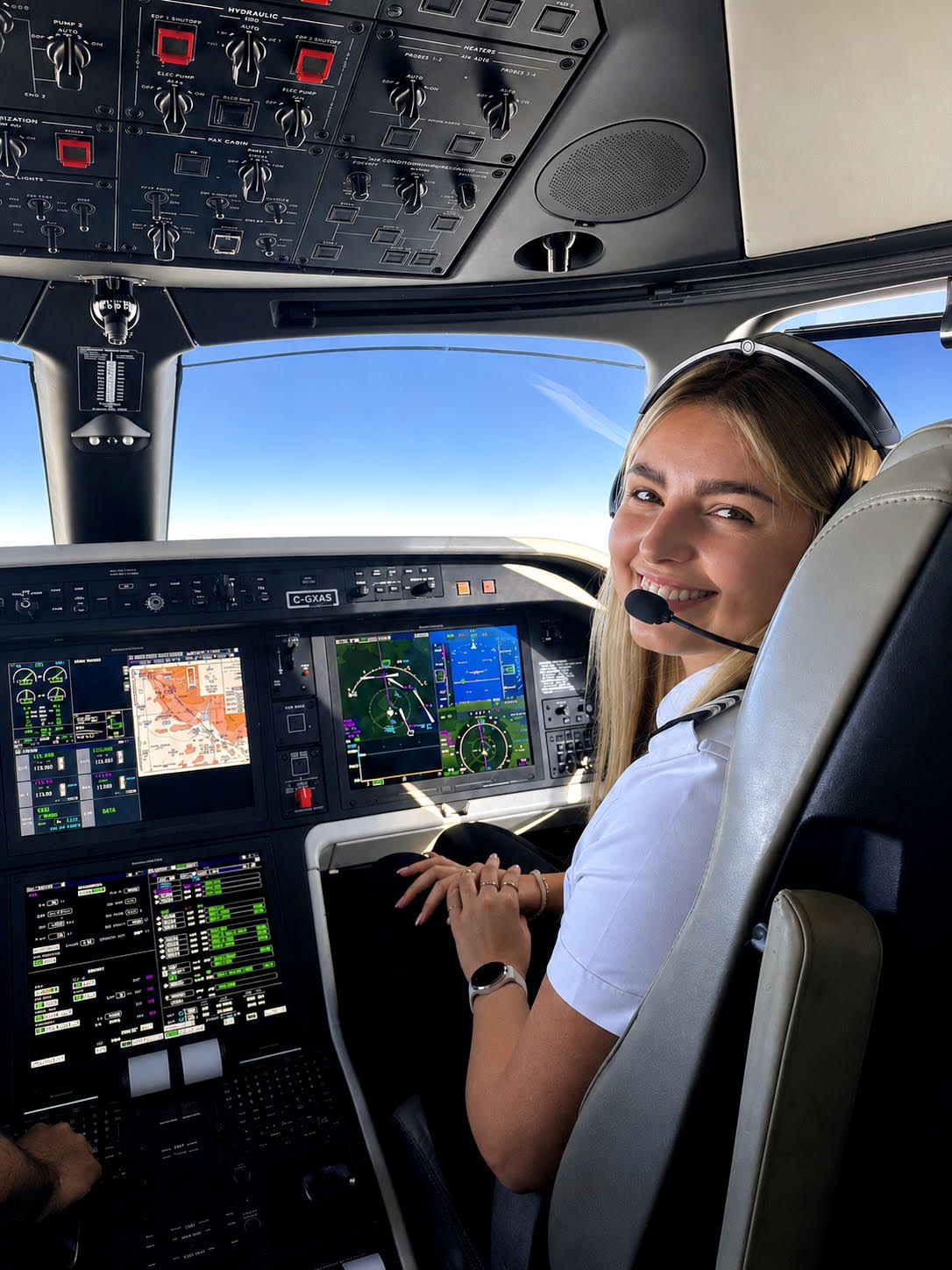 Woman sitting in flight deck in airplane